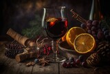 Fototapeta Dziecięca - Red wine mulled with spices and fruits, served at Christmastime, on a weathered wooden table. Festive holiday beverage. Generative AI