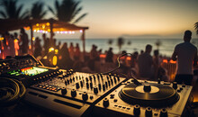  A Dj Mixing At A Beach Party With A Crowd Of People In The Background And A Stage With Lights And A Dj Mixer In The Foreground.  Generative Ai