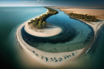 Wall Mural - Kinburn Spit in the Ukraine, where two oceans meet, from above. Sunny weather, natural environment, and a stunning terrain define the area between the azure waters of the Black Sea and the winding ben