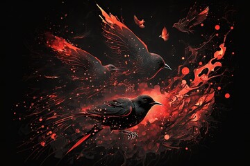 Poster - into the night sky flies a shower of red hot, flaming sparks. elegant black background with white ab