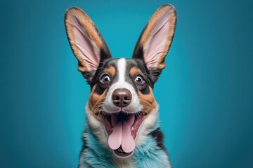 Poster - laugh out loud at this blue backdrop cartoon dog with bunny ears and a wide open mouth. a mixed bree