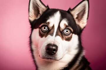 Sticker - Lazy eyed Siberian husky dog portrait over a pink studio backdrop; canine expressions as a concept. Generative AI