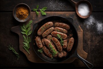 Poster - italian sausage made with freshly ground pork and seasonings is frying in a skillet on a dark hardwo