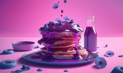  a plate with a cake and a bottle of juice on a pink tablecloth with blue flowers and butterflies flying around the plate and a pink background.  generative ai