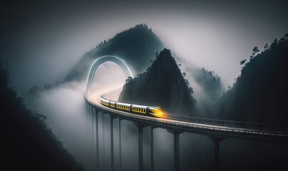 Wall Mural -  a long train traveling over a bridge in a foggy mountain area with a light at the end of the tunnel on the side of the bridge.  generative ai