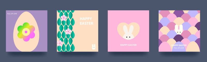 happy easter. set of spring holiday cards with rabbit, eggs and flowers. backgrounds in pastel color