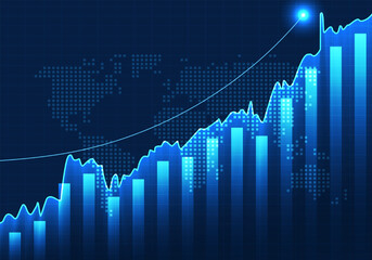 Poster - Stock chart That is said to be showing progressive growth of the company, increasing revenues of the company and expanding into different countries. Dark blue background and grid lines