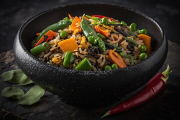 Poster - slated black bowl with vegetable schawan fried rice. bell peppers, green beans, and carrots are amon
