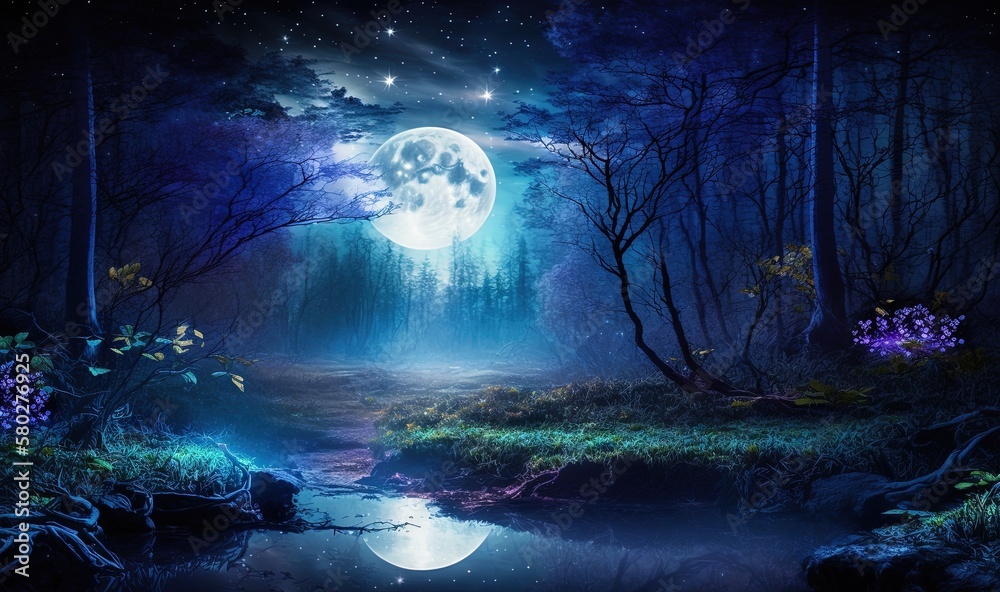 a painting of a forest with a full moon in the sky and a stream running ...