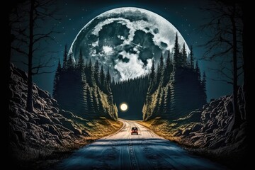 Wall Mural - forested mountain road, illuminated by the moon. moonlight on a country road is a beautiful sight at