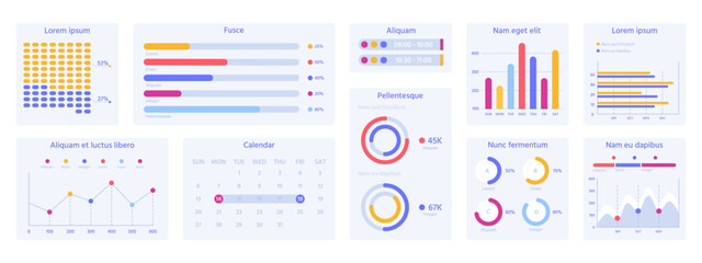Diagram charts dashboard. Financial analysis, website ui interface, modern diagram templates vector illustration set. Dashboard infographic elements