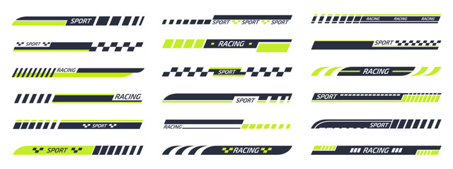 sports racing stripes. sports car, moto, boat stickers, striped vehicle tuning bars flat vector illu