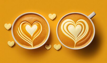 Wall Mural -  a couple of cups of coffee with hearts drawn on the top of them on a yellow background with hearts scattered around the cups and the cups.  generative ai