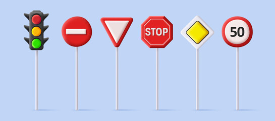 Set of 3d road street signs for vehicles and traffic light, priority roads, speed limit and restriction stop signboards