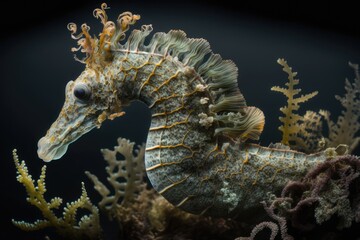 Wall Mural - Hippocampus kuda, a species of seahorse, camouflages itself with its reef environment in Indonesia. Seahorses are so slow that they need to rely on their camouflage to protect them from predators