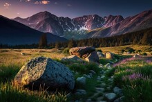 Image Of The Tatra Mountains In The Summer. At Dusk, A Meadow Towards The Mountain Range's Crest With Large Stones Scattered Throughout The Grass. Generative AI