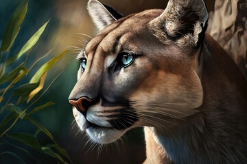 Poster - image of a florida panther in close up profile, showing the animal's face, ears, eyes, nose, paws, a