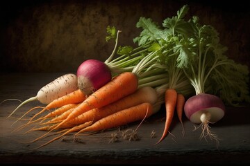 Poster - Carrots and radishes gathered straight from the garden, unwashed and in their natural state. Generative AI