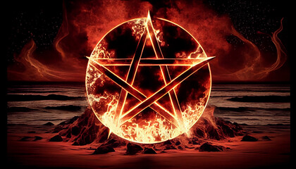 Wall Mural - orange flame pentagram in sea side