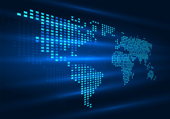 Poster - Abstract Background Technology Map of the world made up of tiny pixels. and there is light across the sheet The background uses a dark blue color. It is a black background that looks elegant modern