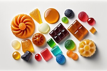 Sticker - Delicious assortment of colorful jelly candies set against a white background. The marmalade was delicious. Generative AI