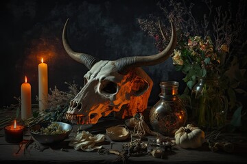 Poster - Evening of Samhain. Dark, low key, selective focus on a witch's altar with a goat's skull, a burning candle, some dry herbs, and some magic vessels. Halloween, rite, voodoo, occultism, alchemy, spell