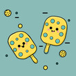 Pattern of Сartoon cute smiling two Pickleball rackets or paddles and yellow balls. Perfect content for wallpaper, postcards, posters, fabric, napkins and other creative projects. 