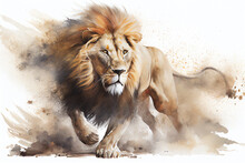 Watercolour Abstract Animal Painting Of An Isolated Male Lion Running In The Jungle With Dust And Sand Which Could Be Used As A Poster Or Flyer, Computer Generative AI Stock Illustration Image