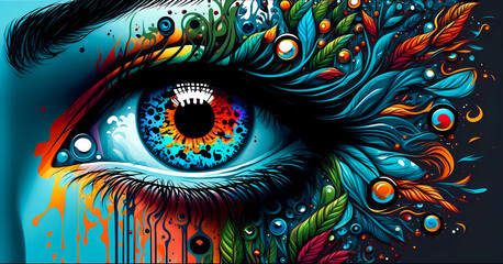 Wall Mural - digital painted surreal and abstract human eye with tear drops, created with generative ai