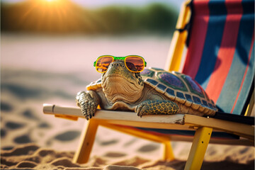 Turtle in sunglasses on a sea beach lying on a sun lounger, animal on summer vacation basking in the sun, ai generated