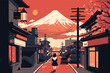 Old Asian buildings, a girl walking along an old Japanese street, 2d flat illustration. EPS 10.