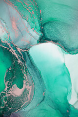  Painting created with alcohol ink. Soft smooth color transitions combined with clear gold and silver edges. Blue, pink, green abstract color combination.