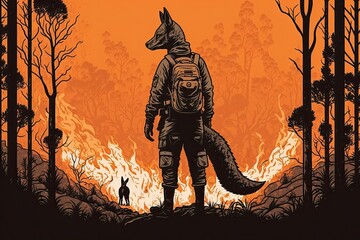 Canvas Print - Aussie firefighter stands front of a charred woodland. Rallying poster. Awareness, the outdoors, and a kangaroo come to mind. Illustration in. Generative AI