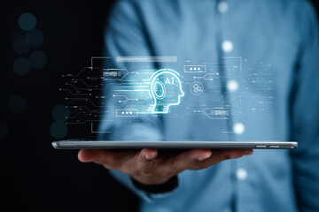 Poster - Businessman using chat bot in smartphone intelligence Ai. Chat with AI Artificial Intelligence, developed by OpenAI generate. Futuristic technology, robot in online system...