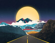 Beautiful surreal zine matte painting landscape Highway road going to horizont Nordic travel, journey, exploring mood illustration Path to unexpected future concept