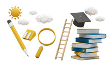  Back To School Concept And Degree Achievements From Education. Minimal Background For Online Education Concept. Book With Graduation Hat On Color Pastel Background. 3d Rendering Illustration.