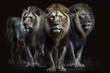 Poster - In the pitch black background, three dangerous lions stand. Generative AI