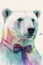 Polar Bear Wearing Bow Ties, Psychedelic Illustration. Generative AI