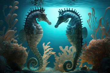 Wall Mural - Beautiful scene with two seahorses, generative AI