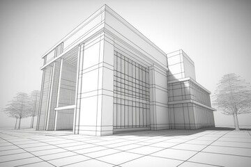 Poster - Modern Office Building Wireframe in Perspective. Generative AI