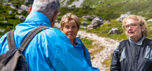 Wall Mural - Elderly people relaxing at the end of a mountain hike, talking along the alpin trail.