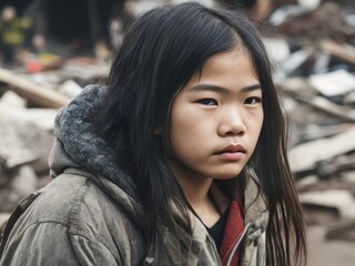 Asian girl is standing among the ruins of house. Generative AI