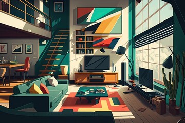 Wall Mural - Modern Interior with Cool Colors Illustration. Generative AI