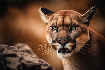 Poster - cougar licking its lips while staring at the camera. generative ai