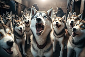 Poster - excited huskies waiting to be released into a running area. generative ai