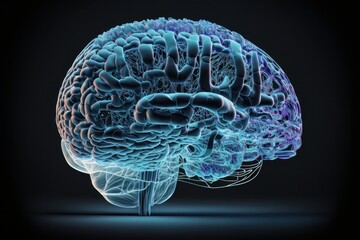Aufkleber - Luminous fluorescent brain hologram, digital mindset, technological, future oriented, anatomical vision created with generative ai technology. Generative ai