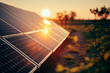 Photovoltaic solar panels on sunset sky background green. generative ai