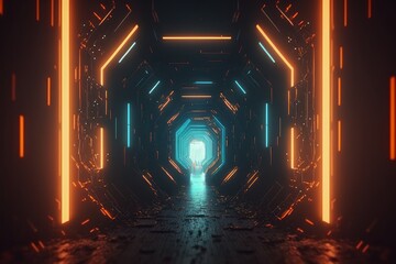Poster - Abstract neon lights into digital technology tunnel. Futuristic technology abstract background with lines for network, big data, data center, server, internet, speed. Generative AI