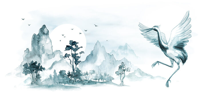 Wall Mural -  - watercolor landscape with foggy mountains, pine trees and flying crane bird. Traditional chinese nature background