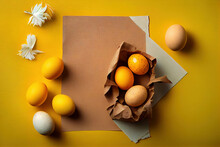 Top Down View Of Easter  Robin's Eggs, Yellow Eggs With Flowers And Natural Paper Sheet On Yellow Background. Generative AI